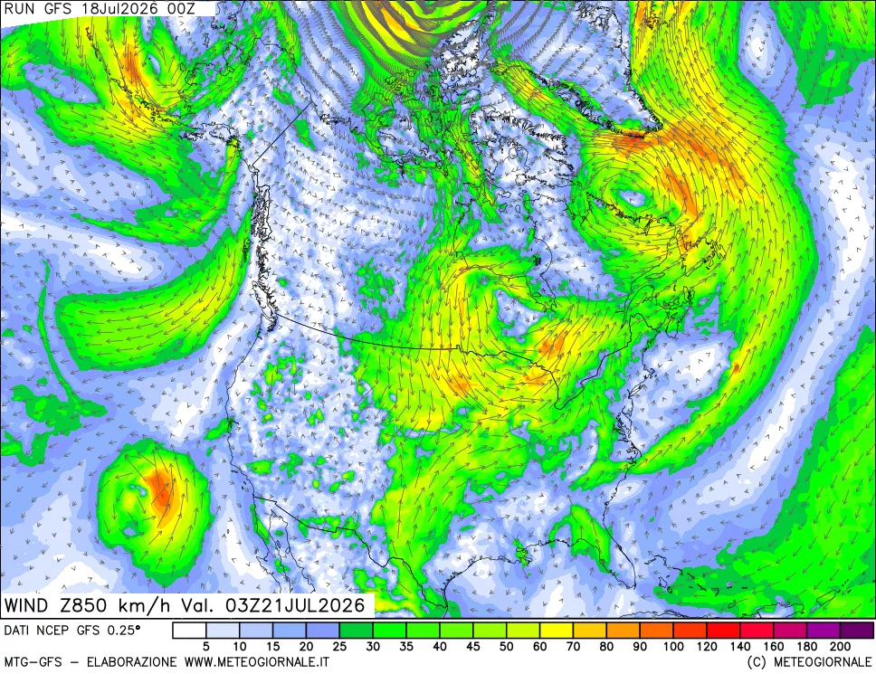 mappa 850 hPa Vento forza e direzione