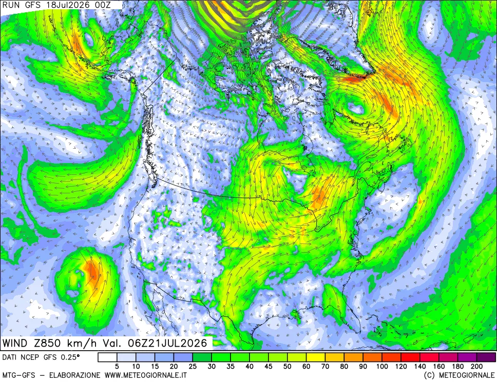 mappa 850 hPa Vento forza e direzione