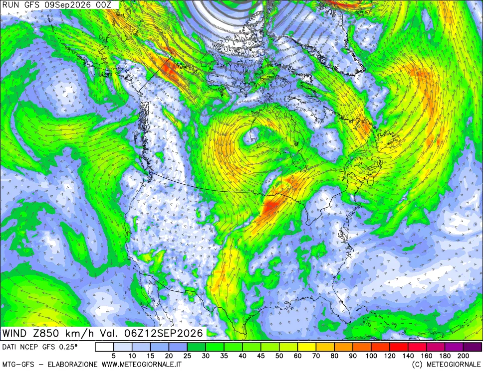mappa 850 hPa Vento forza e direzione