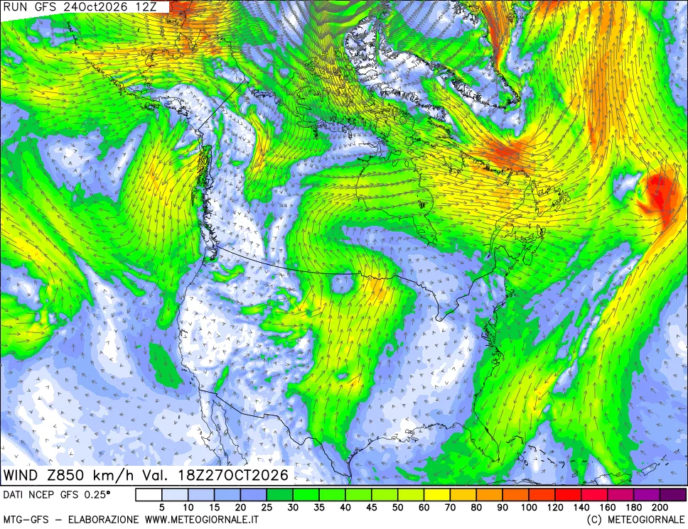 mappa 850 hPa Vento forza e direzione