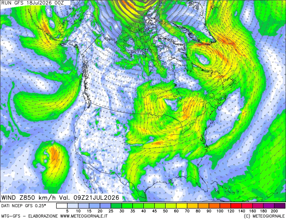 mappa 850 hPa Vento forza e direzione