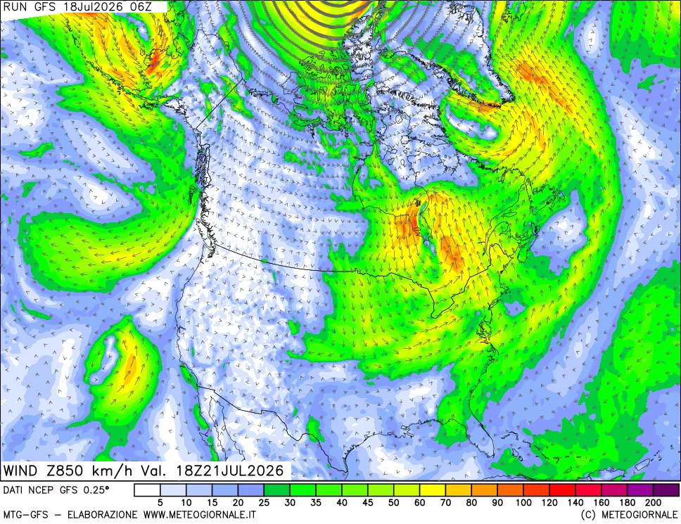 mappa 850 hPa Vento forza e direzione