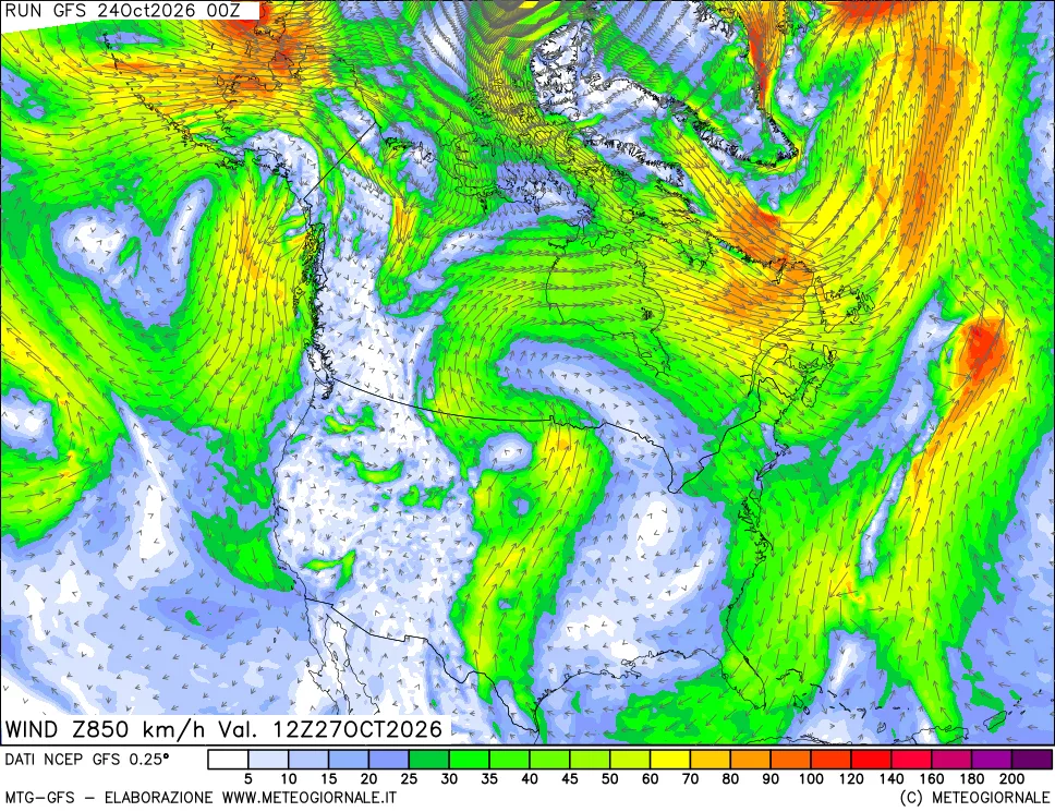 mappa 850 hPa Vento forza e direzione