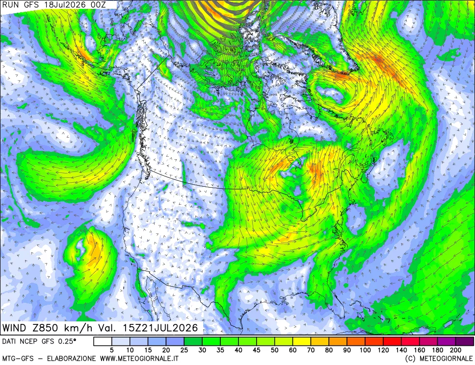 mappa 850 hPa Vento forza e direzione