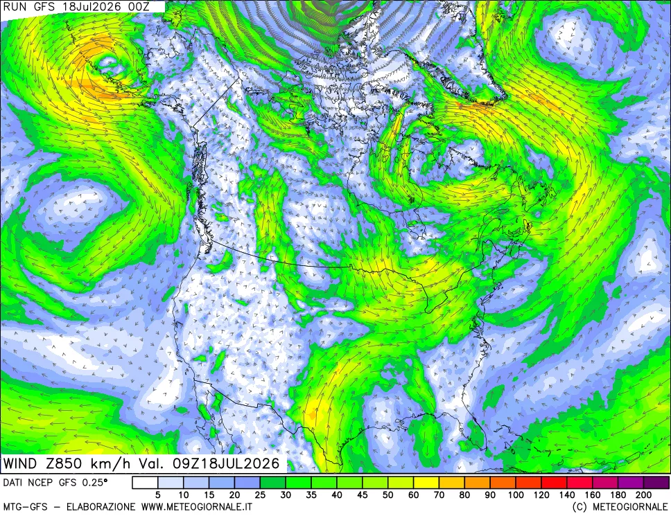 mappa 850 hPa Vento forza e direzione