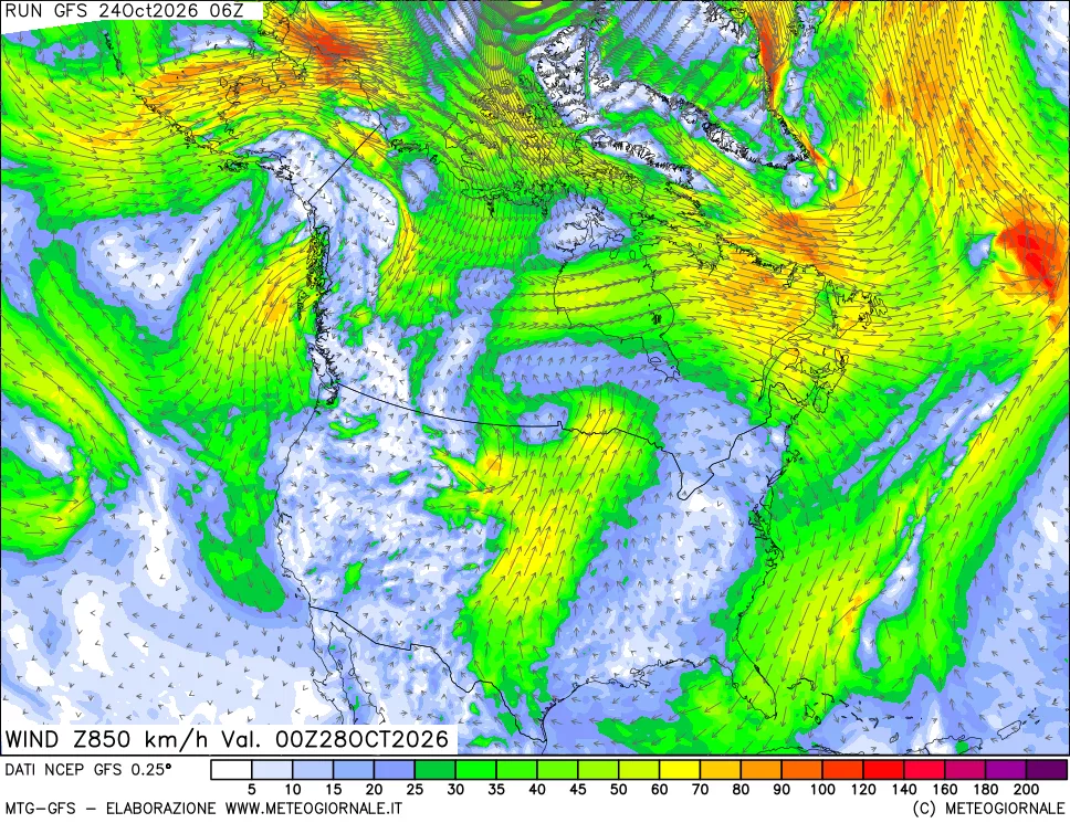 mappa 850 hPa Vento forza e direzione