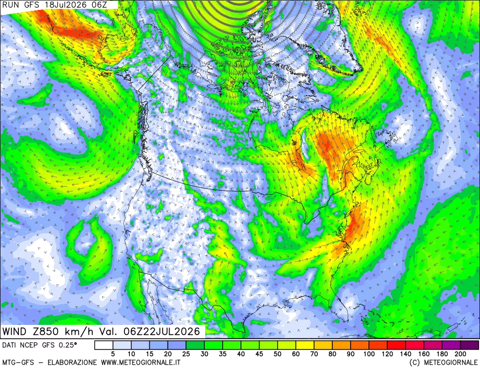 mappa 850 hPa Vento forza e direzione