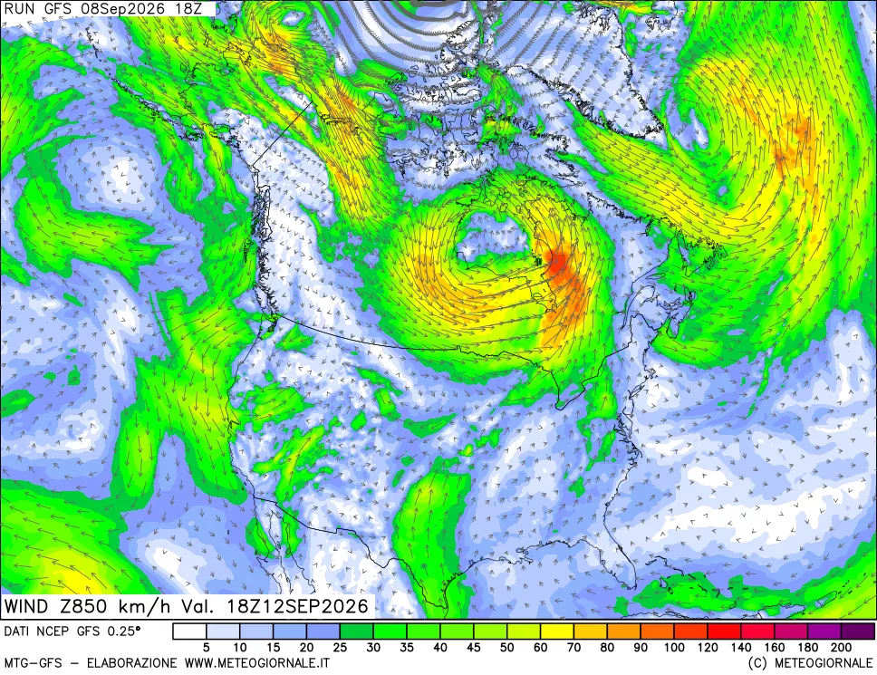 mappa 850 hPa Vento forza e direzione