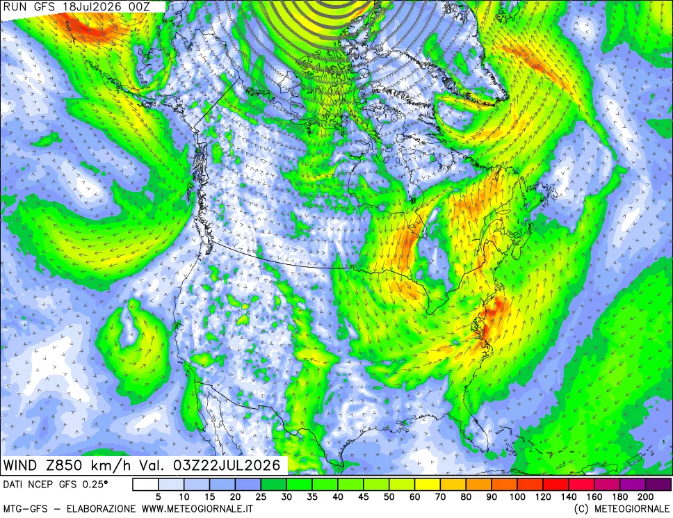 mappa 850 hPa Vento forza e direzione