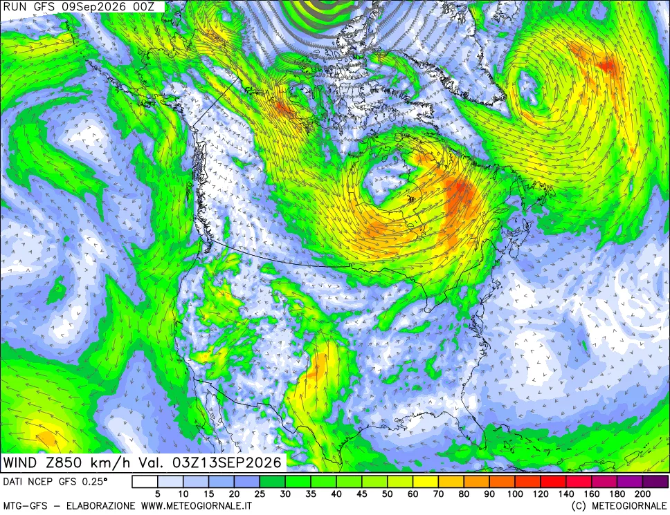 mappa 850 hPa Vento forza e direzione