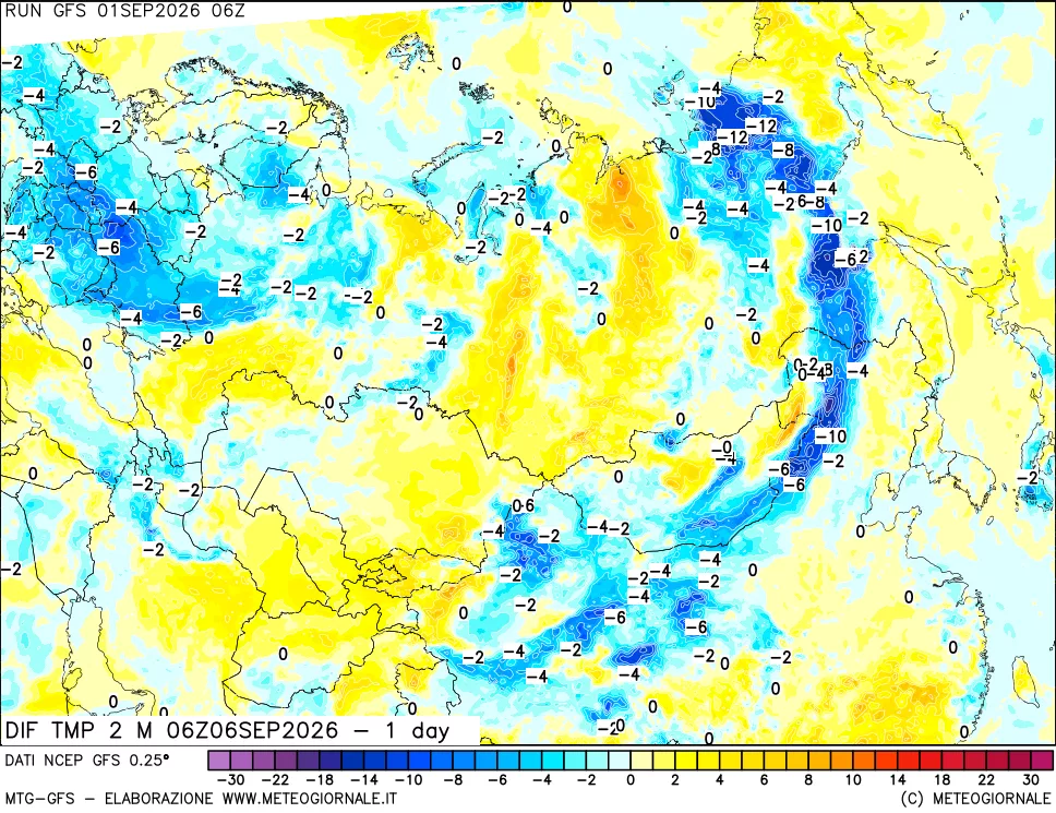 mappa Dif. Temp a 2 metri Valid - 1 day