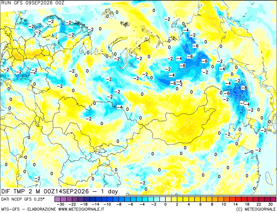 mappa Dif. Temp a 2 metri Valid - 1 day