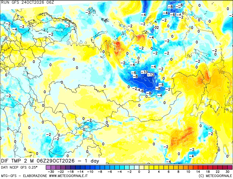 mappa Dif. Temp a 2 metri Valid - 1 day