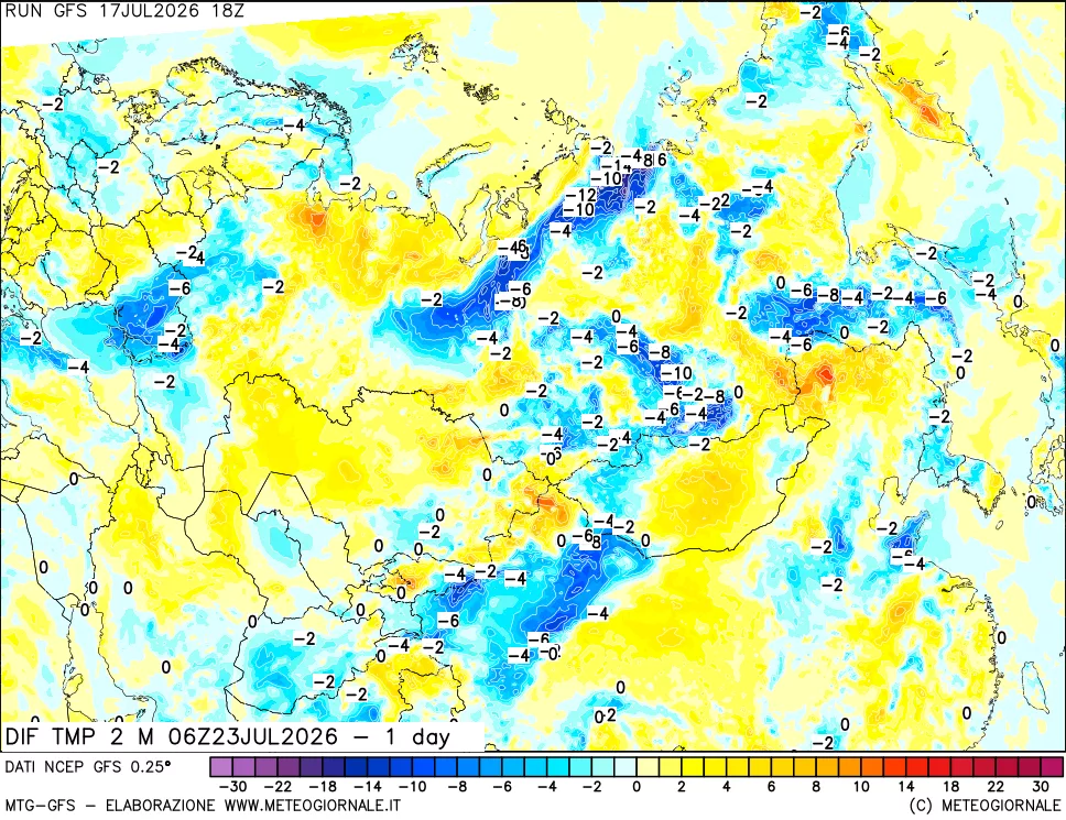 mappa Dif. Temp a 2 metri Valid - 1 day