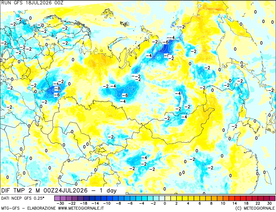 mappa Dif. Temp a 2 metri Valid - 1 day