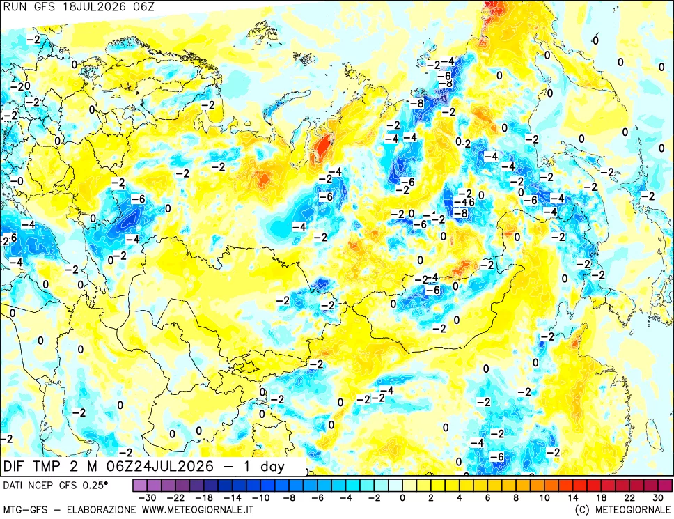mappa Dif. Temp a 2 metri Valid - 1 day