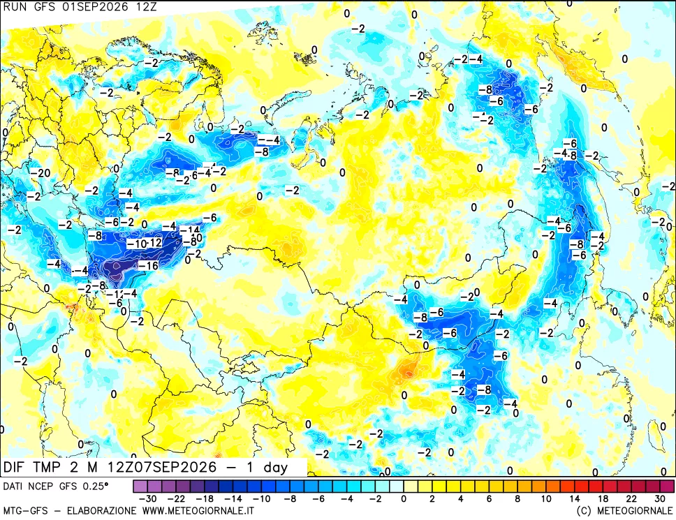 mappa Dif. Temp a 2 metri Valid - 1 day