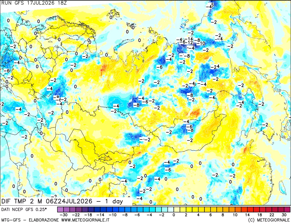 mappa Dif. Temp a 2 metri Valid - 1 day
