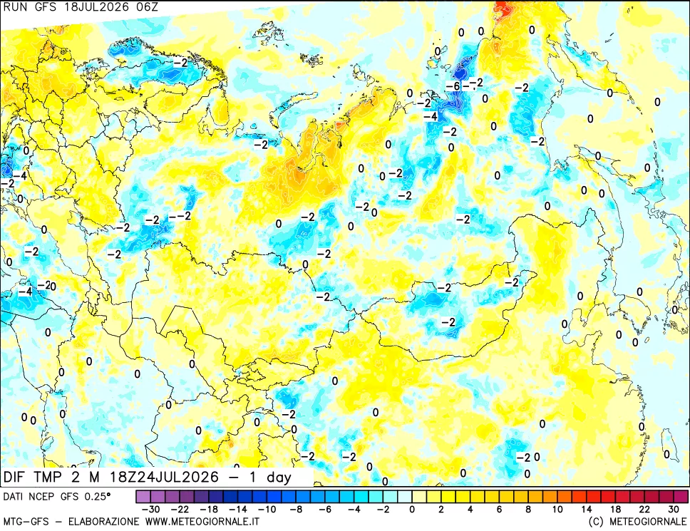 mappa Dif. Temp a 2 metri Valid - 1 day