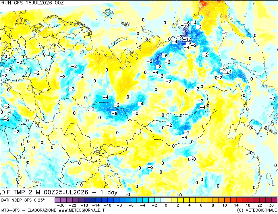 mappa Dif. Temp a 2 metri Valid - 1 day