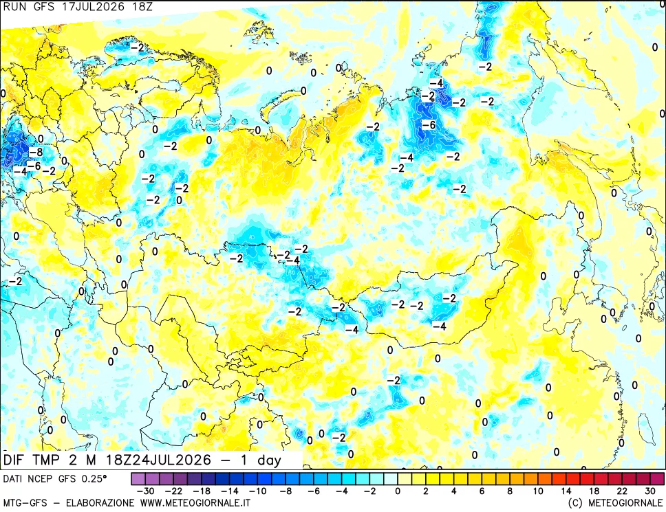 mappa Dif. Temp a 2 metri Valid - 1 day
