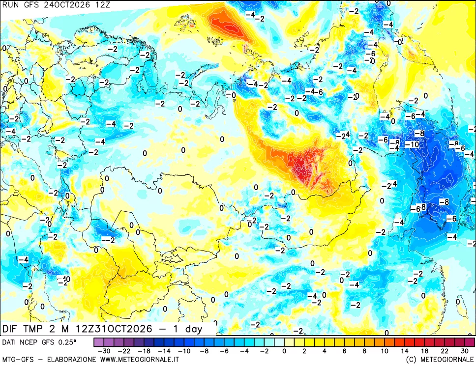 mappa Dif. Temp a 2 metri Valid - 1 day