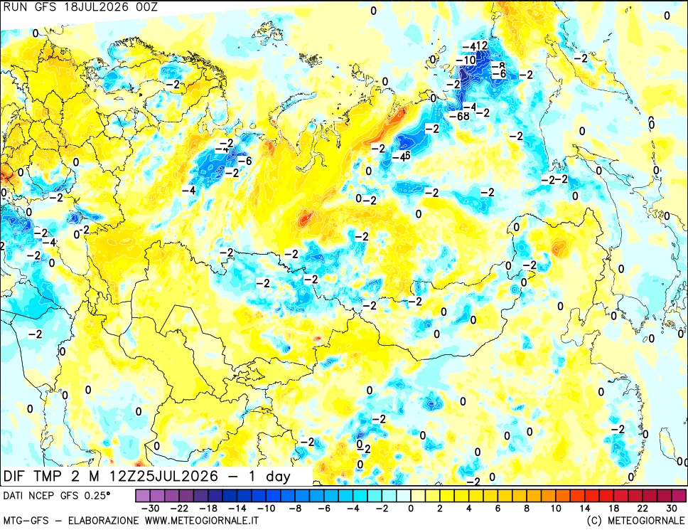 mappa Dif. Temp a 2 metri Valid - 1 day