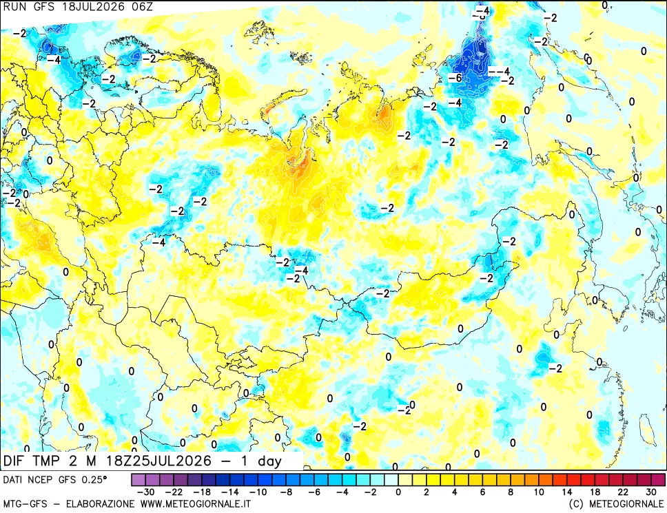 mappa Dif. Temp a 2 metri Valid - 1 day