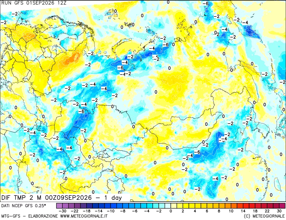 mappa Dif. Temp a 2 metri Valid - 1 day