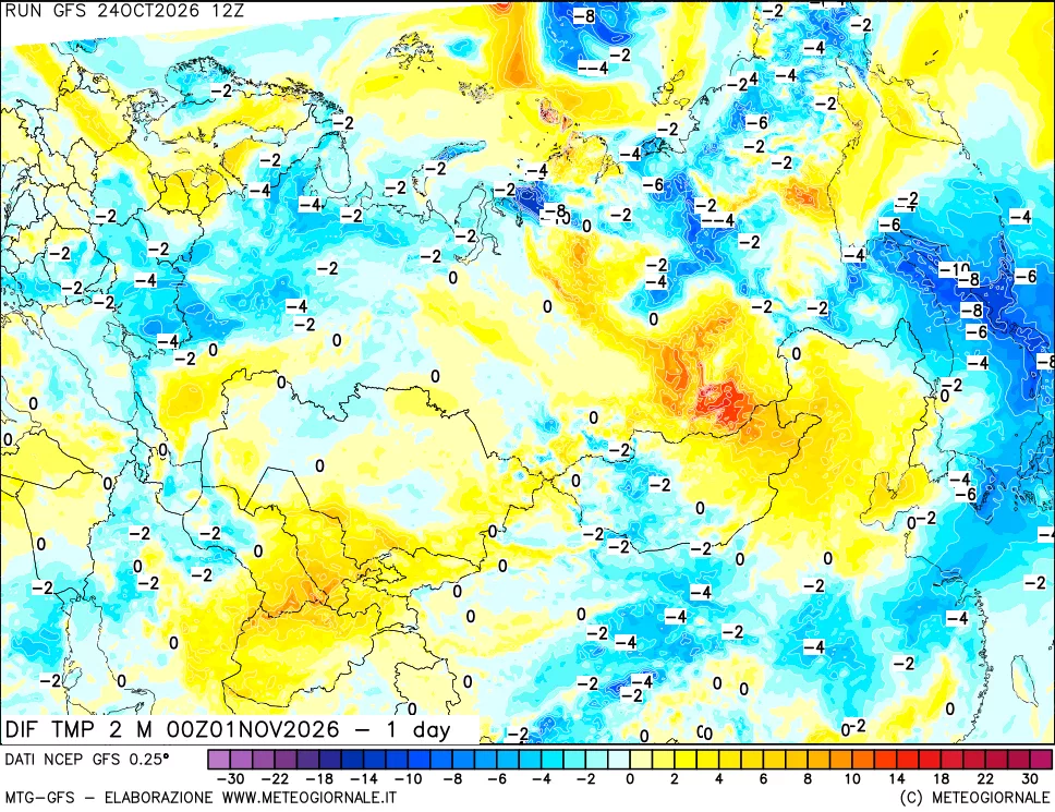 mappa Dif. Temp a 2 metri Valid - 1 day