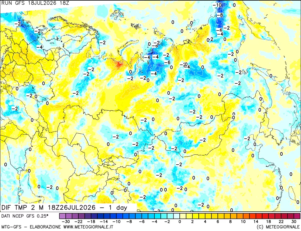 mappa Dif. Temp a 2 metri Valid - 1 day