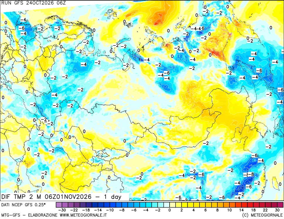 mappa Dif. Temp a 2 metri Valid - 1 day