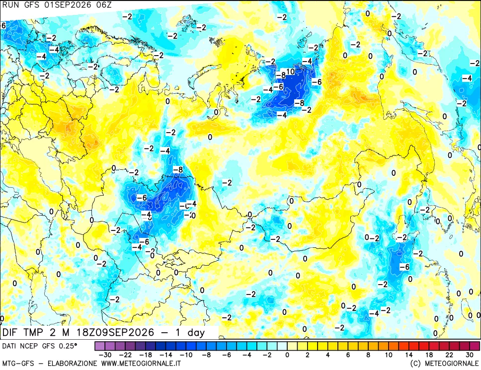 mappa Dif. Temp a 2 metri Valid - 1 day