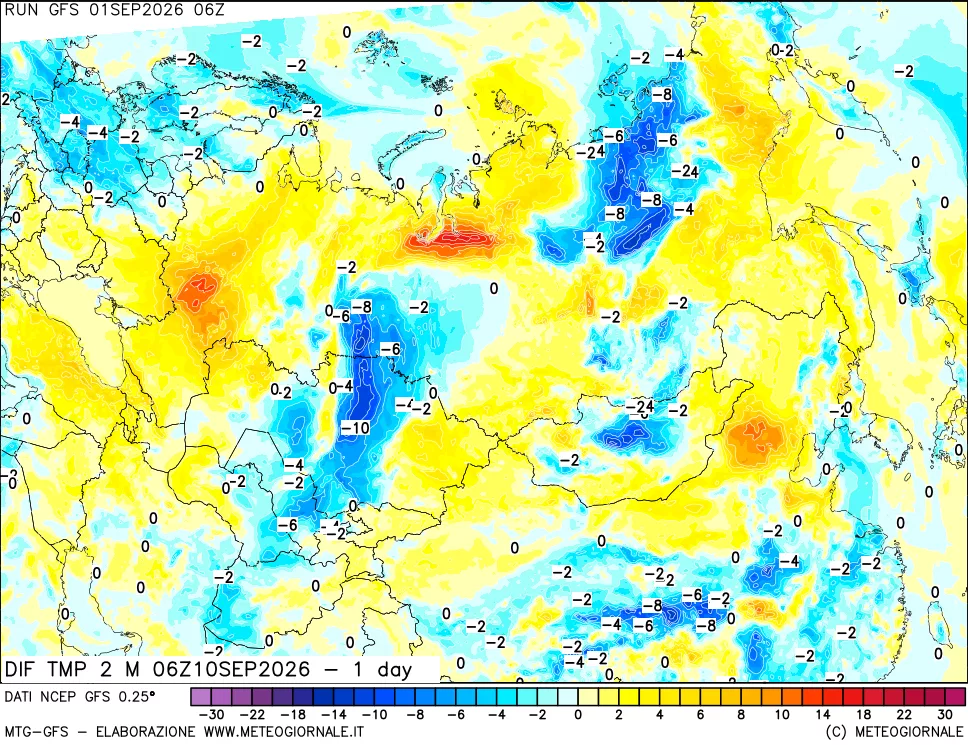 mappa Dif. Temp a 2 metri Valid - 1 day