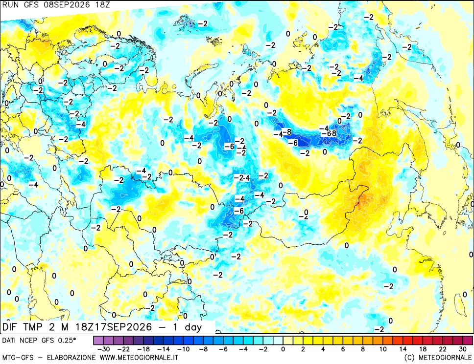mappa Dif. Temp a 2 metri Valid - 1 day