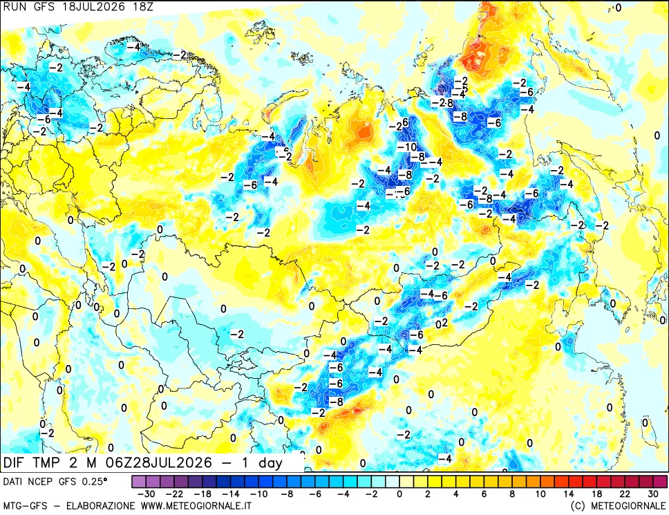 mappa Dif. Temp a 2 metri Valid - 1 day