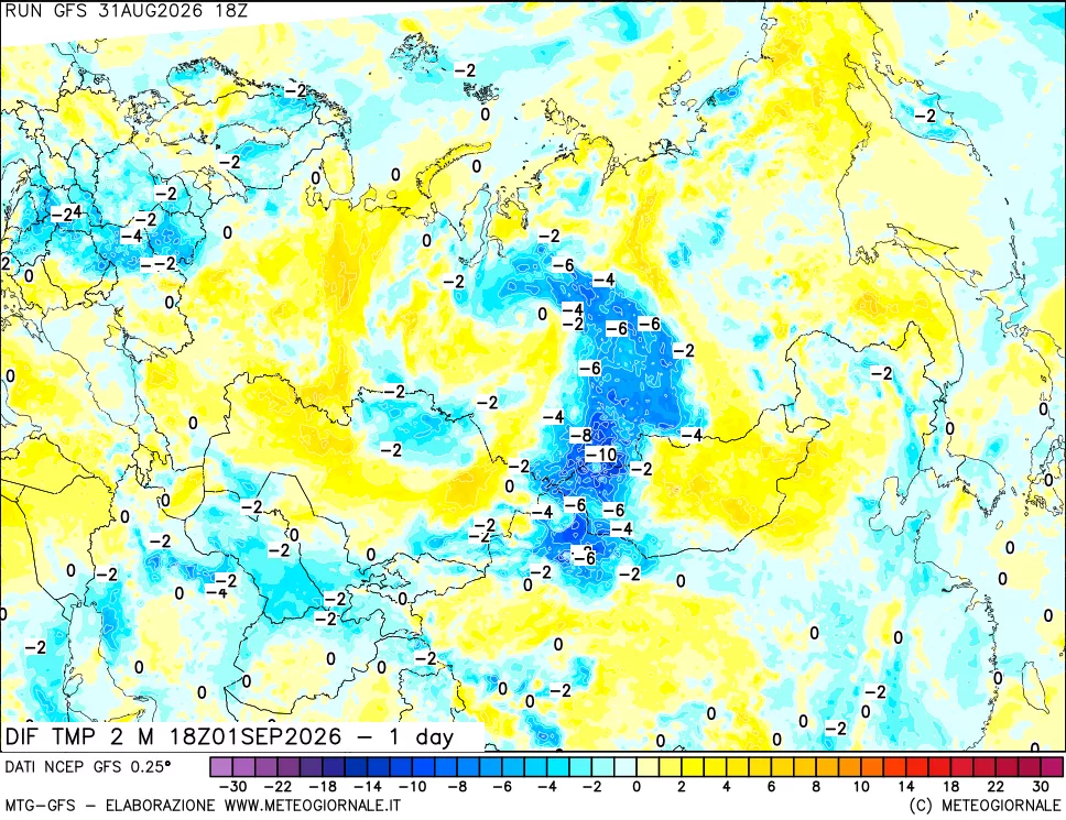 mappa Dif. Temp a 2 metri Valid - 1 day