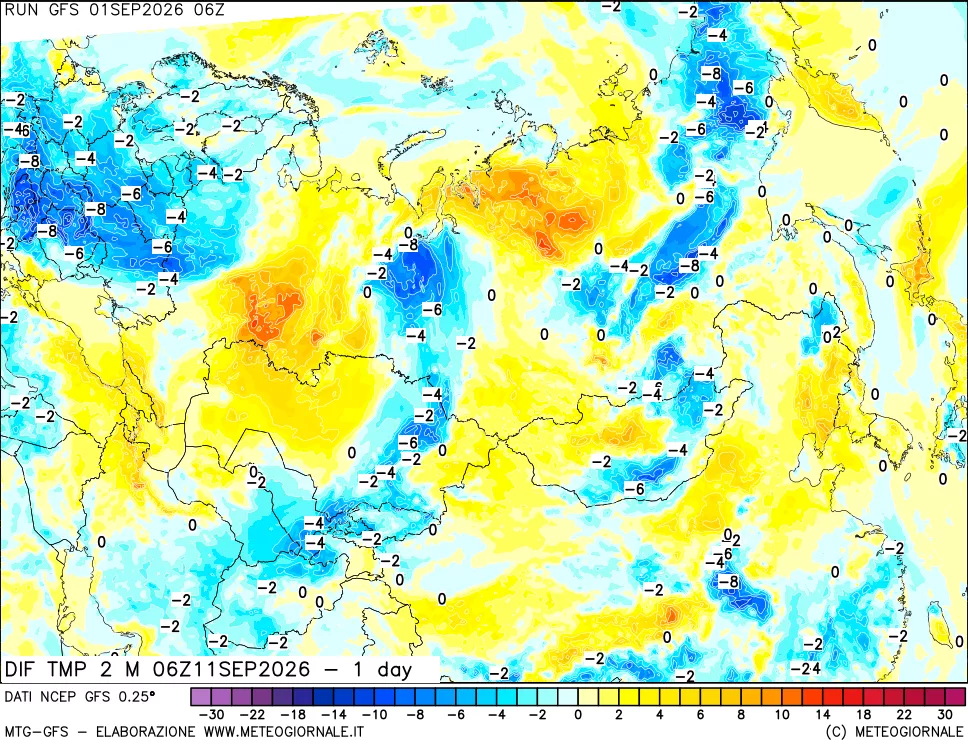 mappa Dif. Temp a 2 metri Valid - 1 day