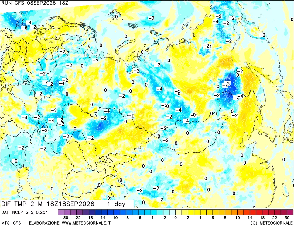 mappa Dif. Temp a 2 metri Valid - 1 day