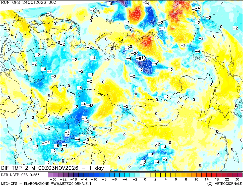 mappa Dif. Temp a 2 metri Valid - 1 day