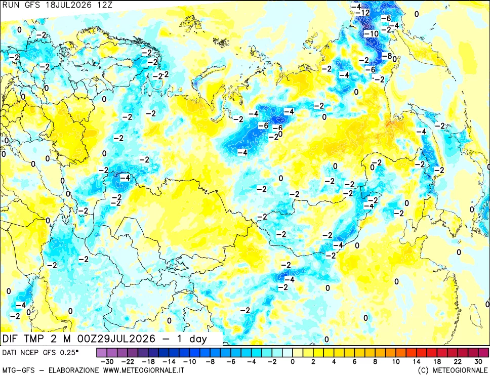 mappa Dif. Temp a 2 metri Valid - 1 day