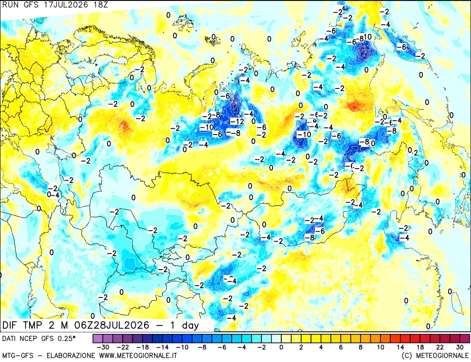 mappa Dif. Temp a 2 metri Valid - 1 day