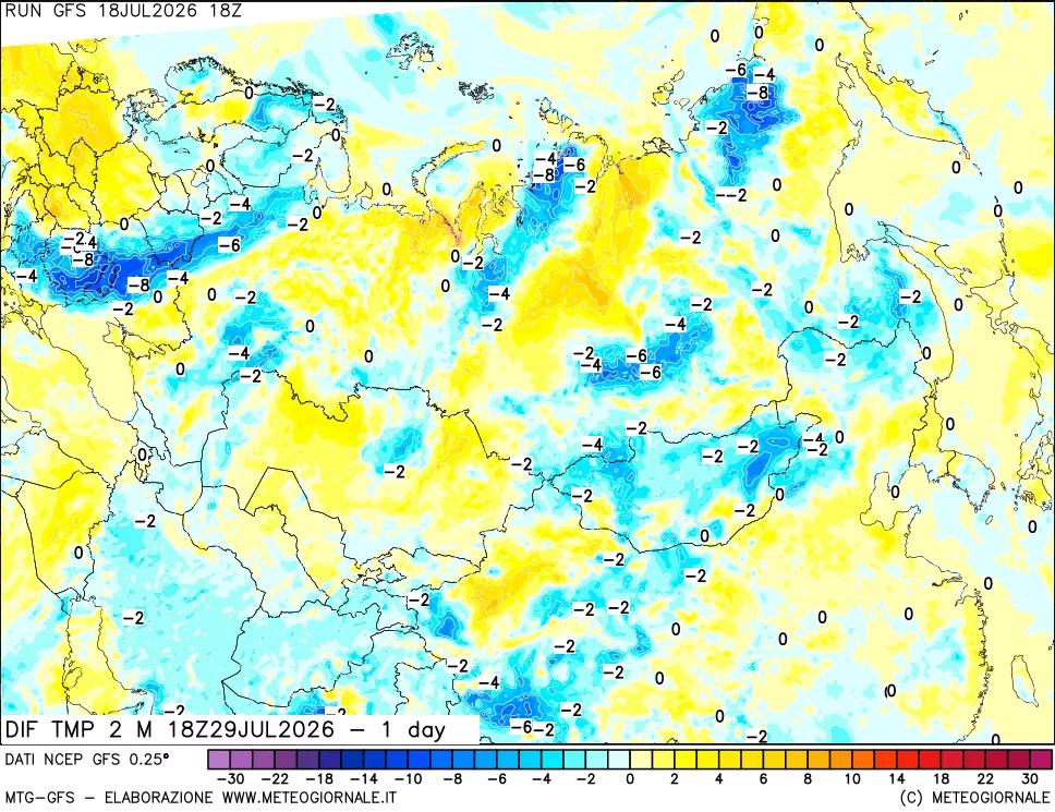 mappa Dif. Temp a 2 metri Valid - 1 day