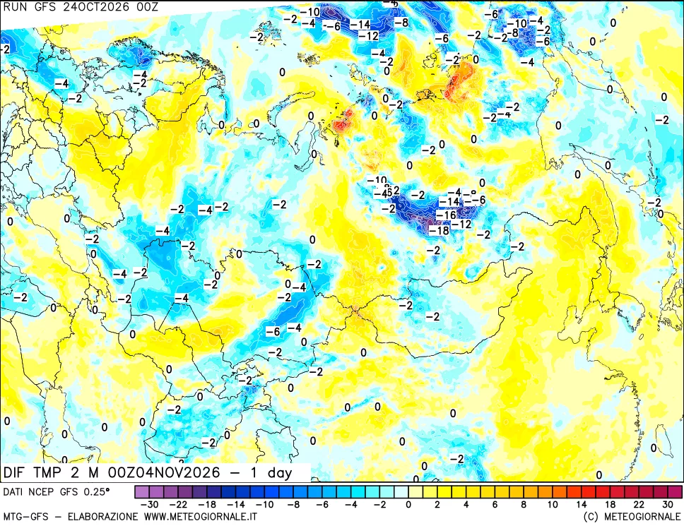 mappa Dif. Temp a 2 metri Valid - 1 day