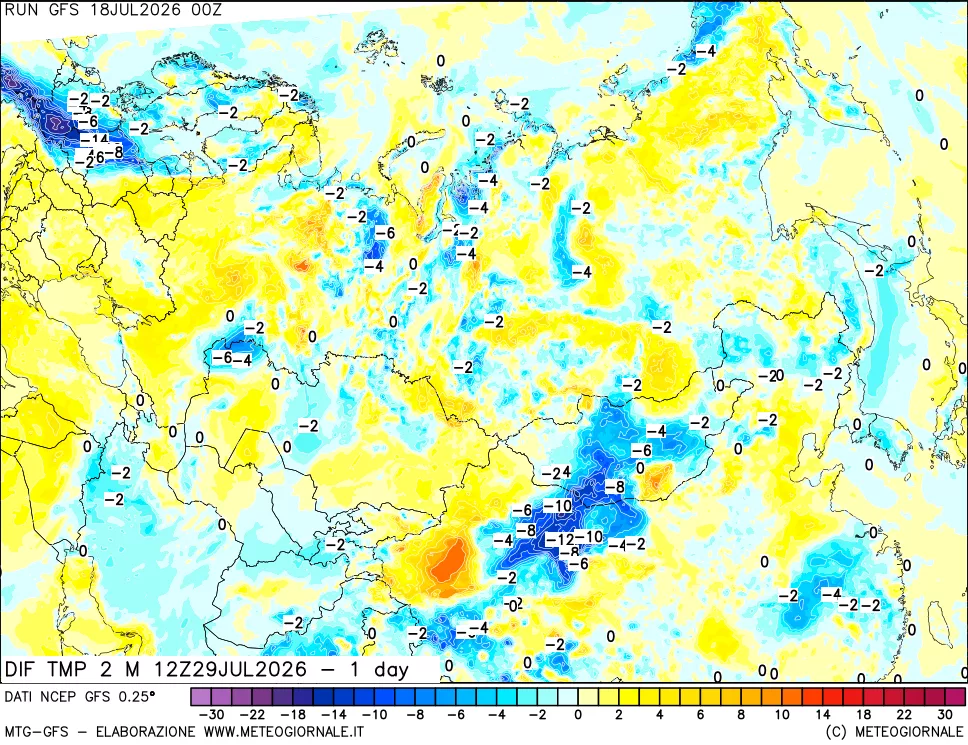mappa Dif. Temp a 2 metri Valid - 1 day