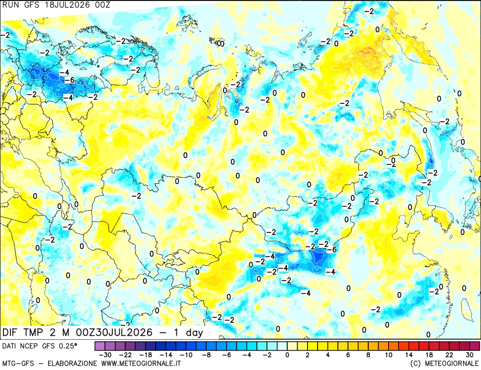 mappa Dif. Temp a 2 metri Valid - 1 day