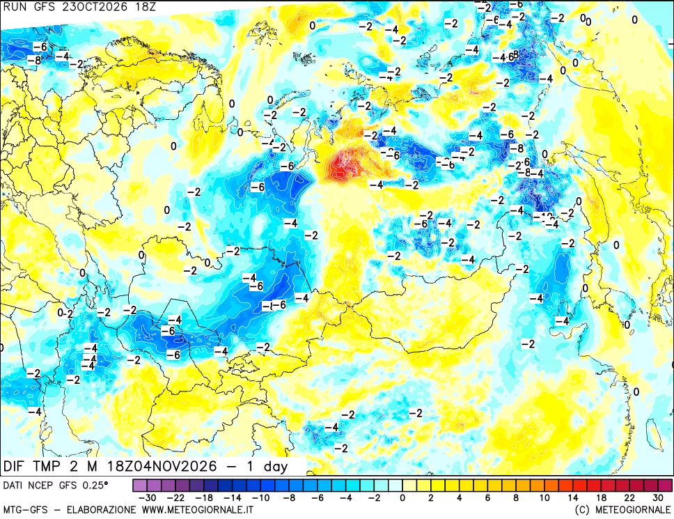 mappa Dif. Temp a 2 metri Valid - 1 day