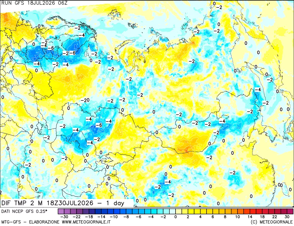 mappa Dif. Temp a 2 metri Valid - 1 day