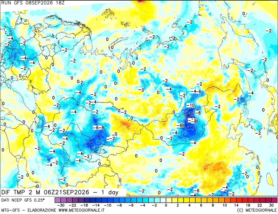 mappa Dif. Temp a 2 metri Valid - 1 day