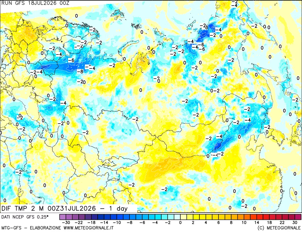 mappa Dif. Temp a 2 metri Valid - 1 day